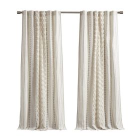 Cotton Printed Curtain Panel With Chenille Stripe And Lining Ivory 50x84