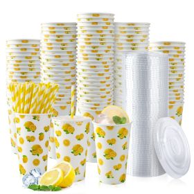 180pcs Lemonade Paper Cups With Lids And Straws 16oz Disposable Cups For Lemon Stand Supplies Summer Party Hot Cold Beverage,Amazon Is Banned,654-1032