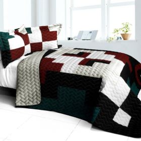 [Cheerful Kissing Fish] 3PC Vermicelli-Quilted Patchwork Quilt Set (Full/Queen Size)