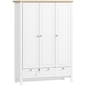 HOMCOM 3 Doors Wardrobe Closet with 2 Drawers, Bedroom Armoire with Lockable Drawer, Hanging Rod and Storage Shelves, White