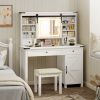 HOMCOM Vanity Desk Set with Mirror and Lights, Cushioned Stool, Storage Drawer, Cabinet, Shelves for Bedroom, White