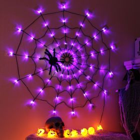 3.28FT Spider Web Light With Hairy Spider 70LED Battery Powered Remote Control 8 Lighting Modes Glowing Outdoor Indoor Wall Halloween Decoration (Option: Purple Lighting)