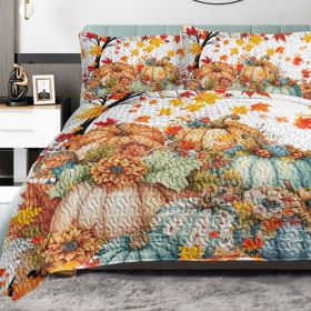 3 Pieces Colorful Oil Painting Pumpkin Pattern Quilt Set Twin Full Queen King Size For All Seasons Flower Fall Leaves Bedding Set With 2 Pillowcases F (Option: Queen-Orange)