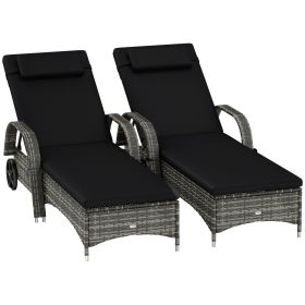 2 Reclining Chaise Lounge Chairs, Rolling Outdoor Chairs With Cushion, Pillow, Headrest, Armrests, And Wheels, Black (Color: BLACK)