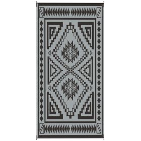 Reversible Outdoor Rug, Waterproof Plastic Straw With Carry Bag, 9 X 18, Black & Gray Square Patchwork (Color: BLACK)