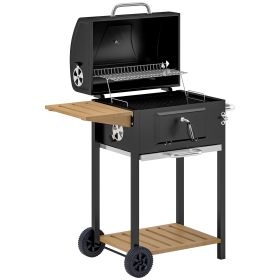 Charcoal BBQ Grill, Outdoor Portable Cooker For Camping Or Backyard Picnic, Barbecue Grill With Side Table, Bottom Storage Shelf, Wheels And Handle, B (Color: BLACK)