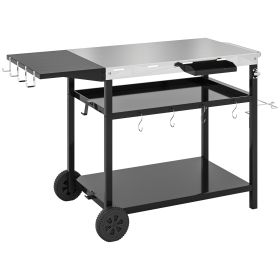 Outdoor Bar Cart Grill Table With Stainless Steel Tabletop, Wheeled Outdoor Serving Cart Prep Table With Storage, Hooks (Color: BLACK)