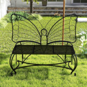 Butterfly Cast Metal Garden Bench, Outdoor Bench Patio Seat, Park Bench Outdoor Seating For Garden, Yard, Park, Entryway (Color: BLACK)