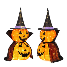 2Packs 3FT Halloween Collapsible Lighted Pumpkin Decoration, 176 LED Pop-Up Pumpkin Lamp With Cape, Plug In Halloween Jack-O-Lantern With Metal Stand (Option: Style1)